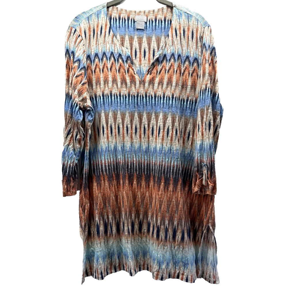 Chicos Women's Linen Tunic Top Size Large Southwest Brown Blue 3/4 Sleeve Slits